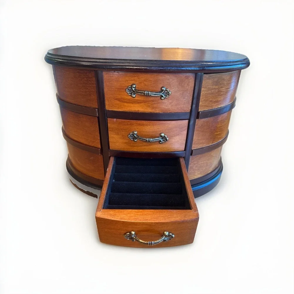 Vintage Mele & Co. Walnut Wooden Jewelry Box, Rotating Swivel Drawers & Mirror